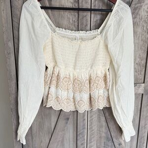 American Eagle Smocked Peasant Blouse with Embroidered Hem - Cream